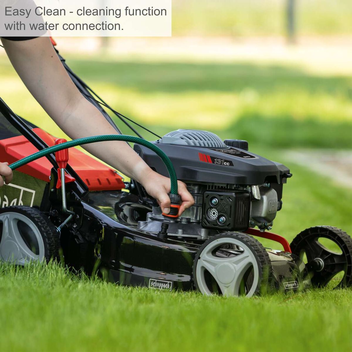 Scheppach petrol push lawnmower with water connection for easy cleaning, 42 cm cutting width