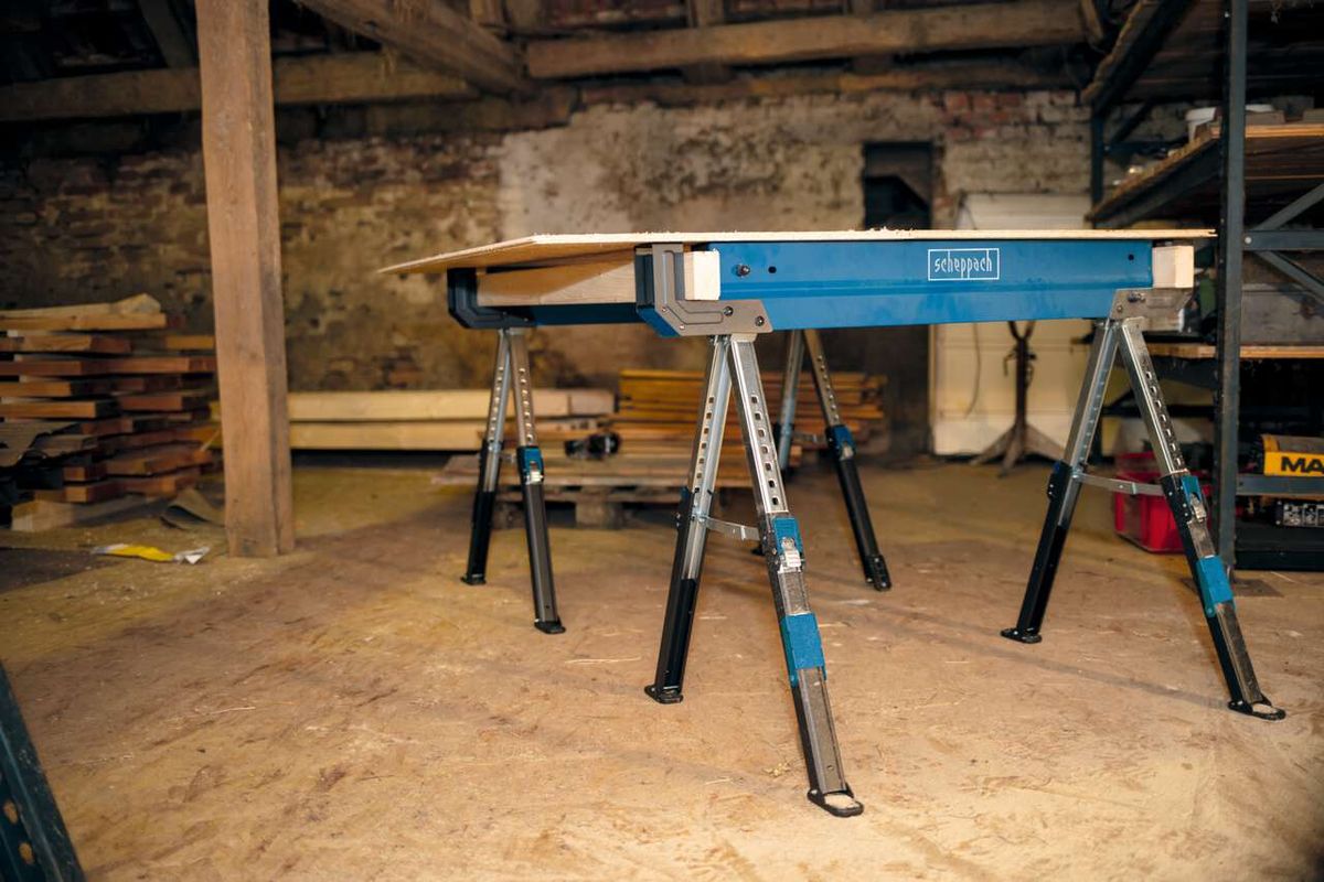 Scheppach saw bench with adjustable height legs and worktop