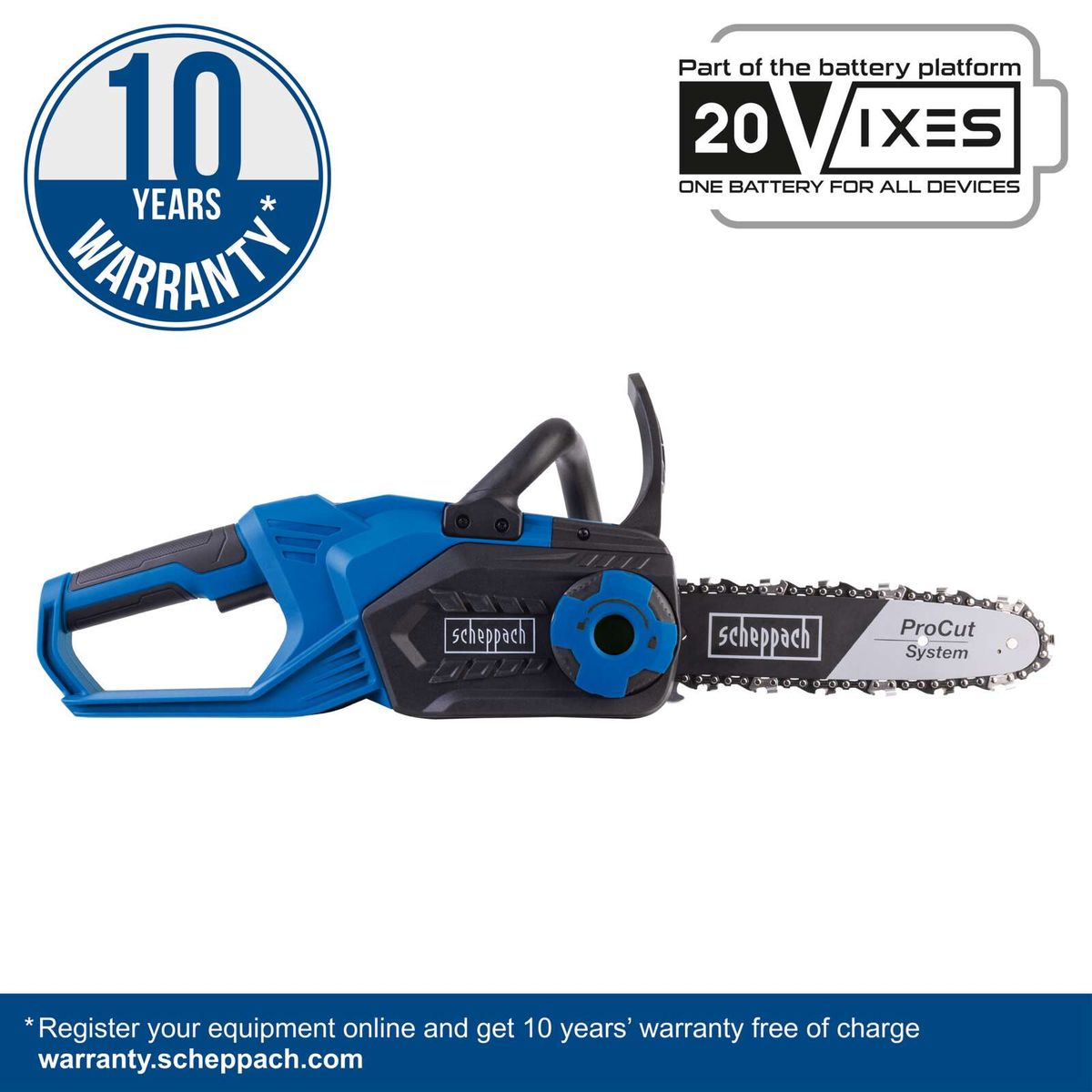 Scheppach cordless chainsaw featuring 10-year warranty, ProCut system, 20 cm cutting length, 25.4 cm blade