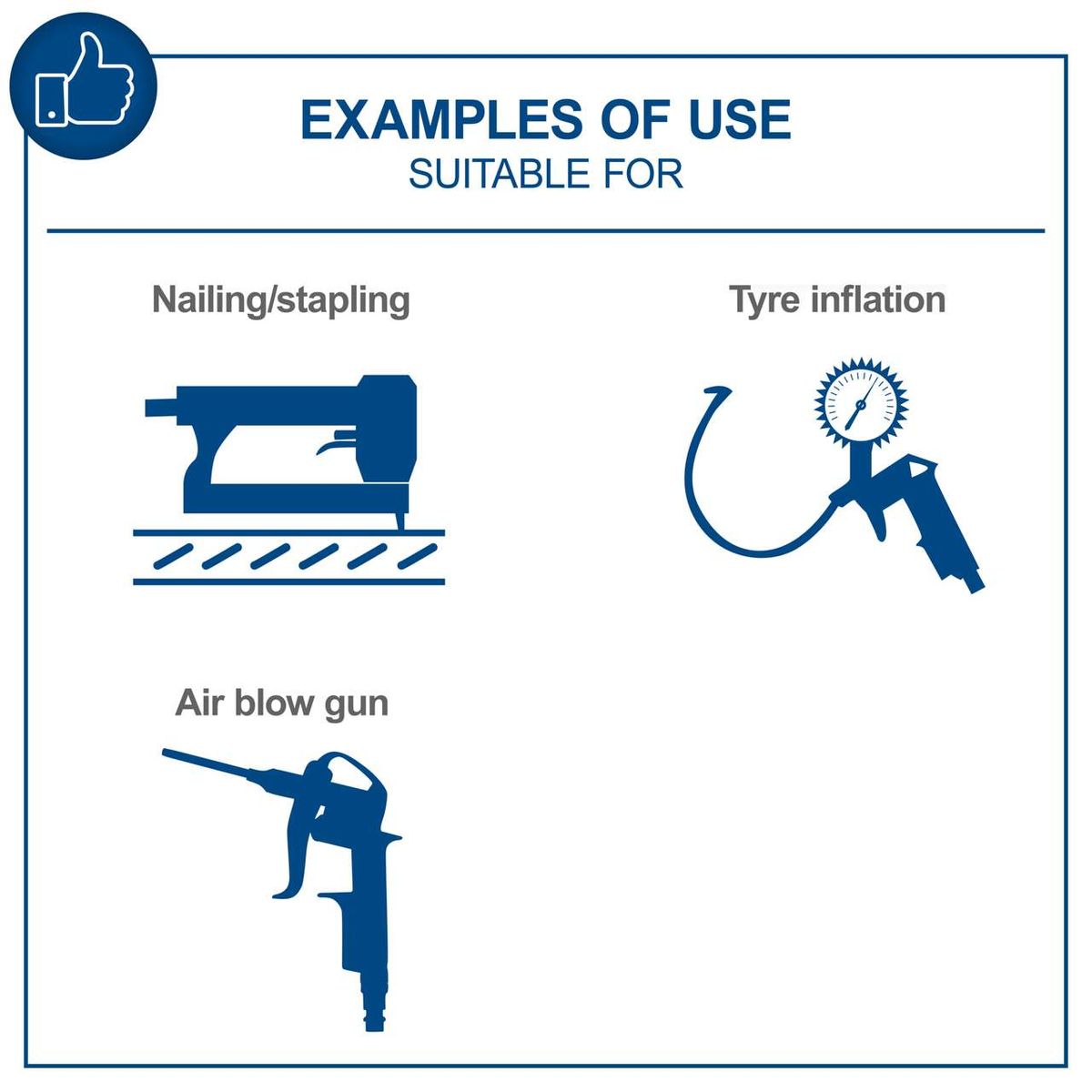 Examples of typical uses: Nailing/stapling, air blowing, tyre inflation