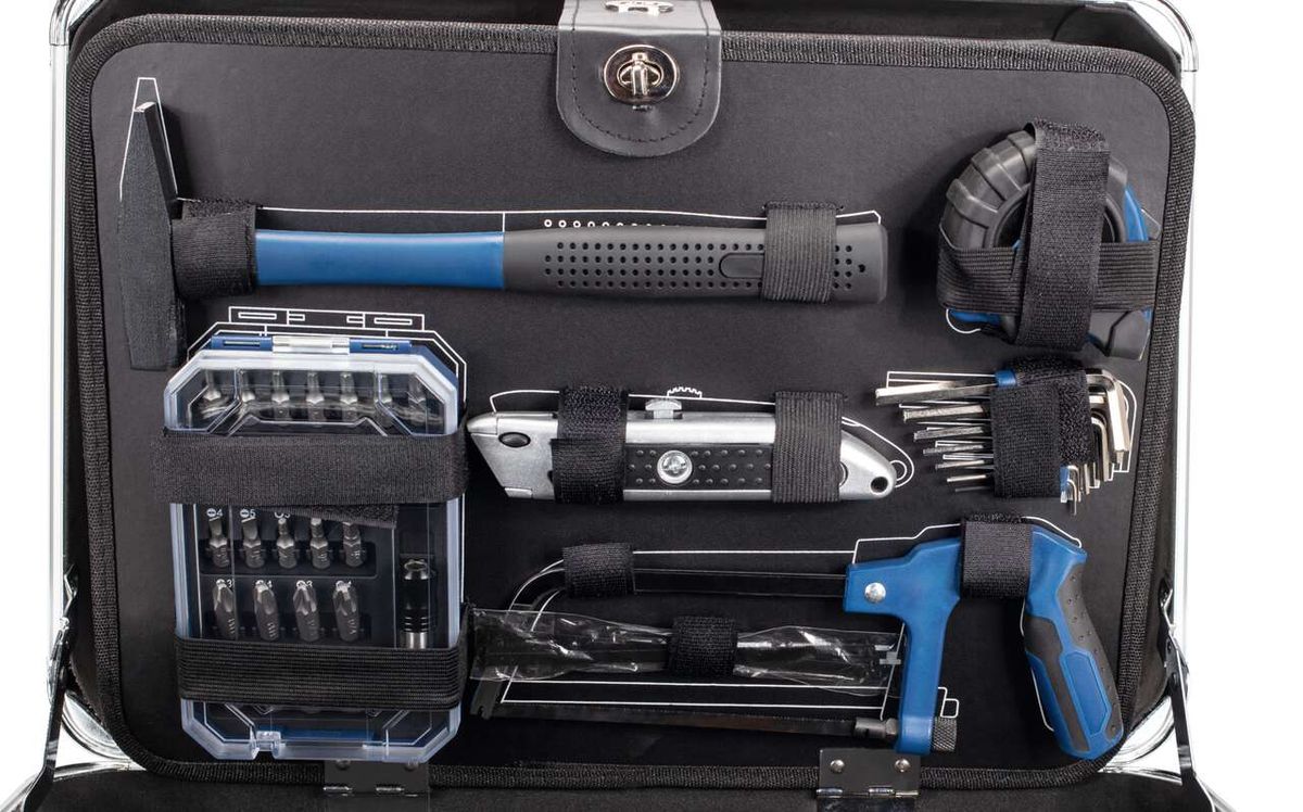 Scheppach TB150 tool kit case with integrated set: screwdrivers, pliers, drills, and cutters