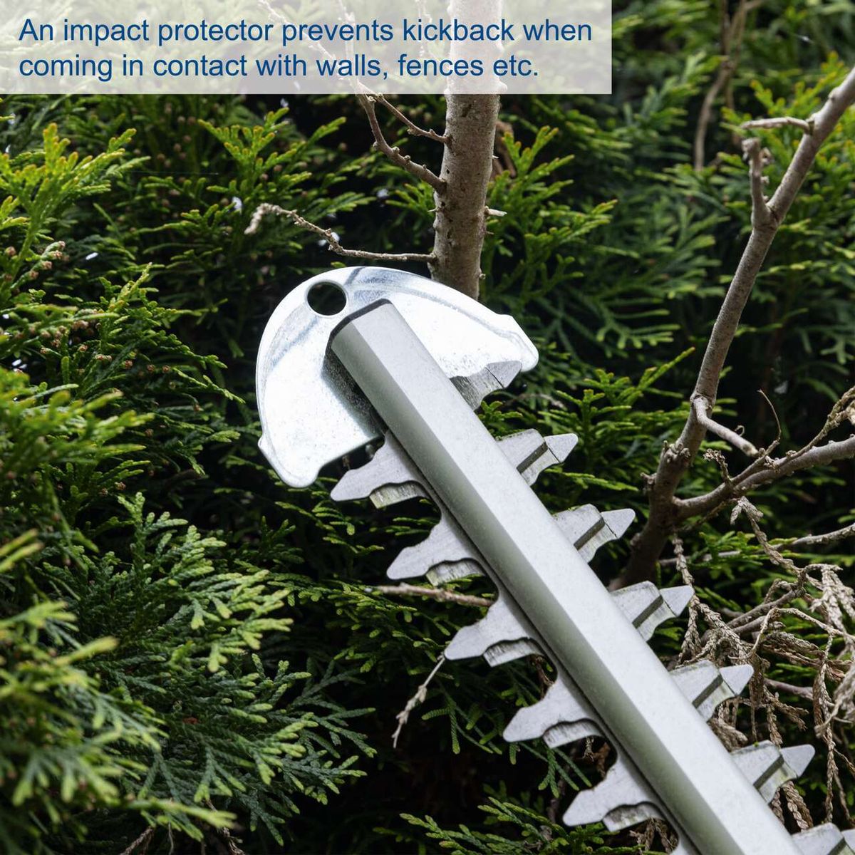 Hedge trimmer guard with impact protection to prevent kickback on contact with obstacles
