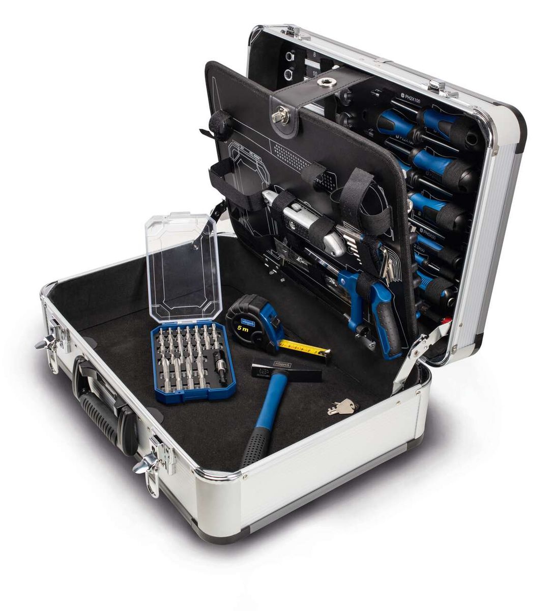 Scheppach TB150 tool kit case with contents including drills, screwdrivers, cutting tools, and wrenches