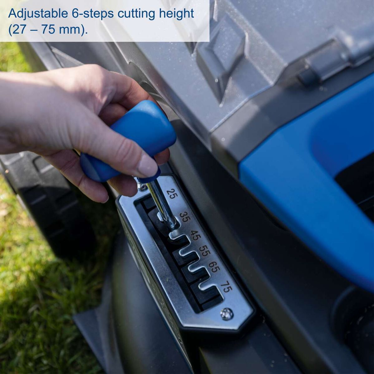 Adjustable 6-step cutting height (27–75 mm) for cordless lawnmower