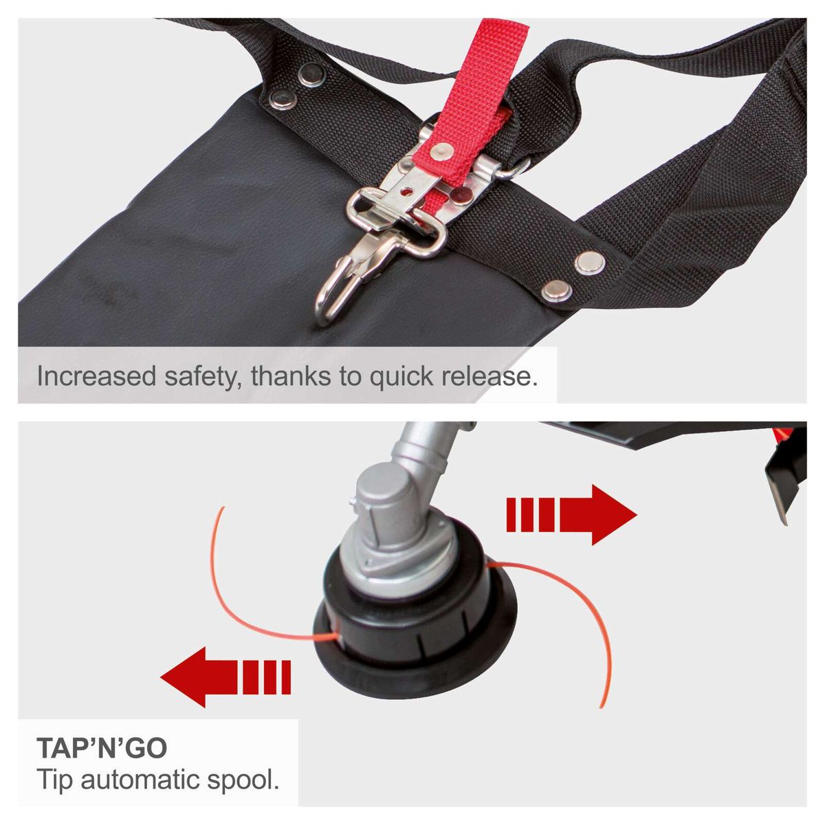 Quick-release feature for safety and TAP’N’GO automatic spool mechanism