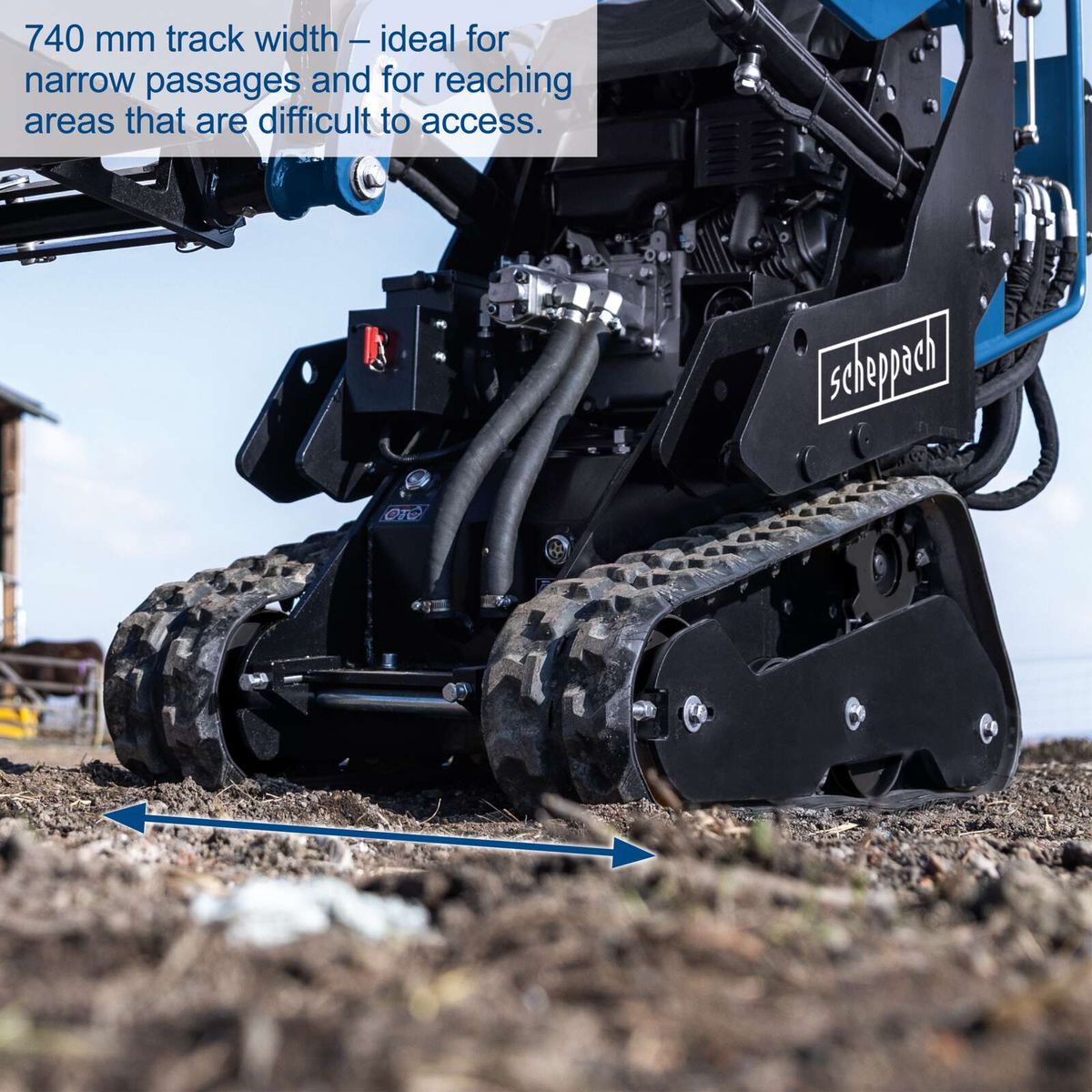 Scheppach compact loader with 740 mm track width for narrow passages