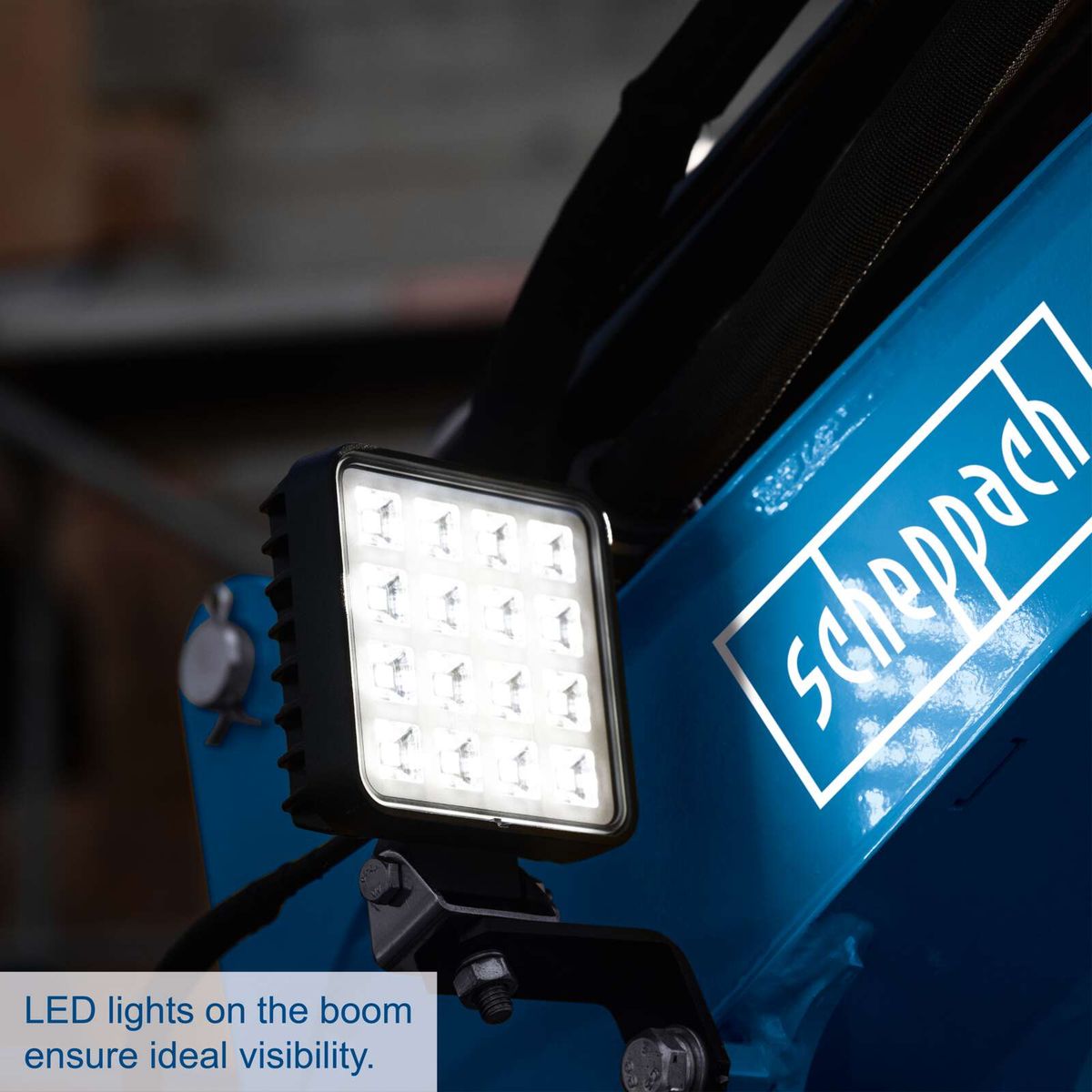 LED lights on boom enhance visibility for improved operational clarity