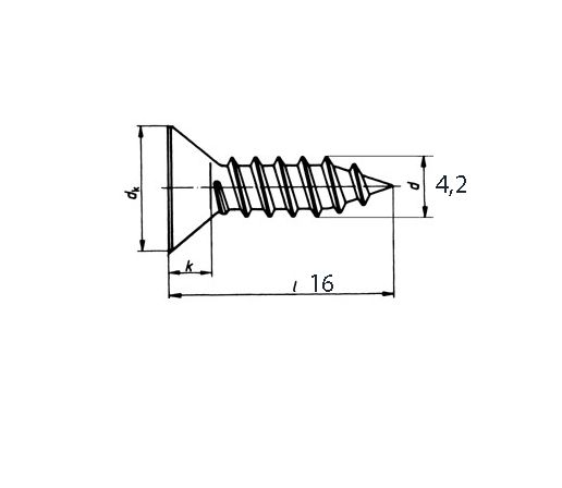 Threaded screw with pointed tip, detailed drawing with dimensions 4.2 × 16