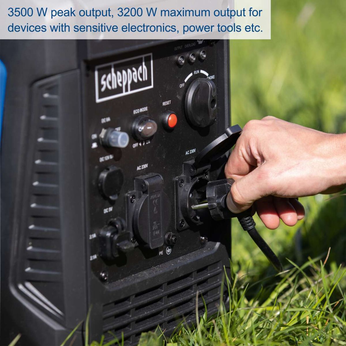 Scheppach inverter generator SG3500i displaying peak output of 3500 W and max output of 3200 W for sensitive electronics and tools
