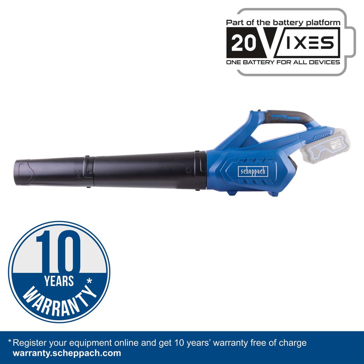 Scheppach cordless leaf blower featuring a 10-year warranty with battery and charger