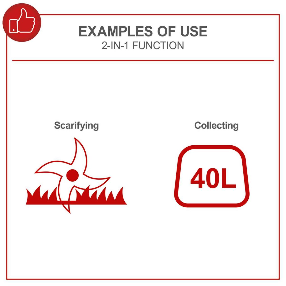 Two-in-one tool illustrating scarifying function and 40-litre collection bin
