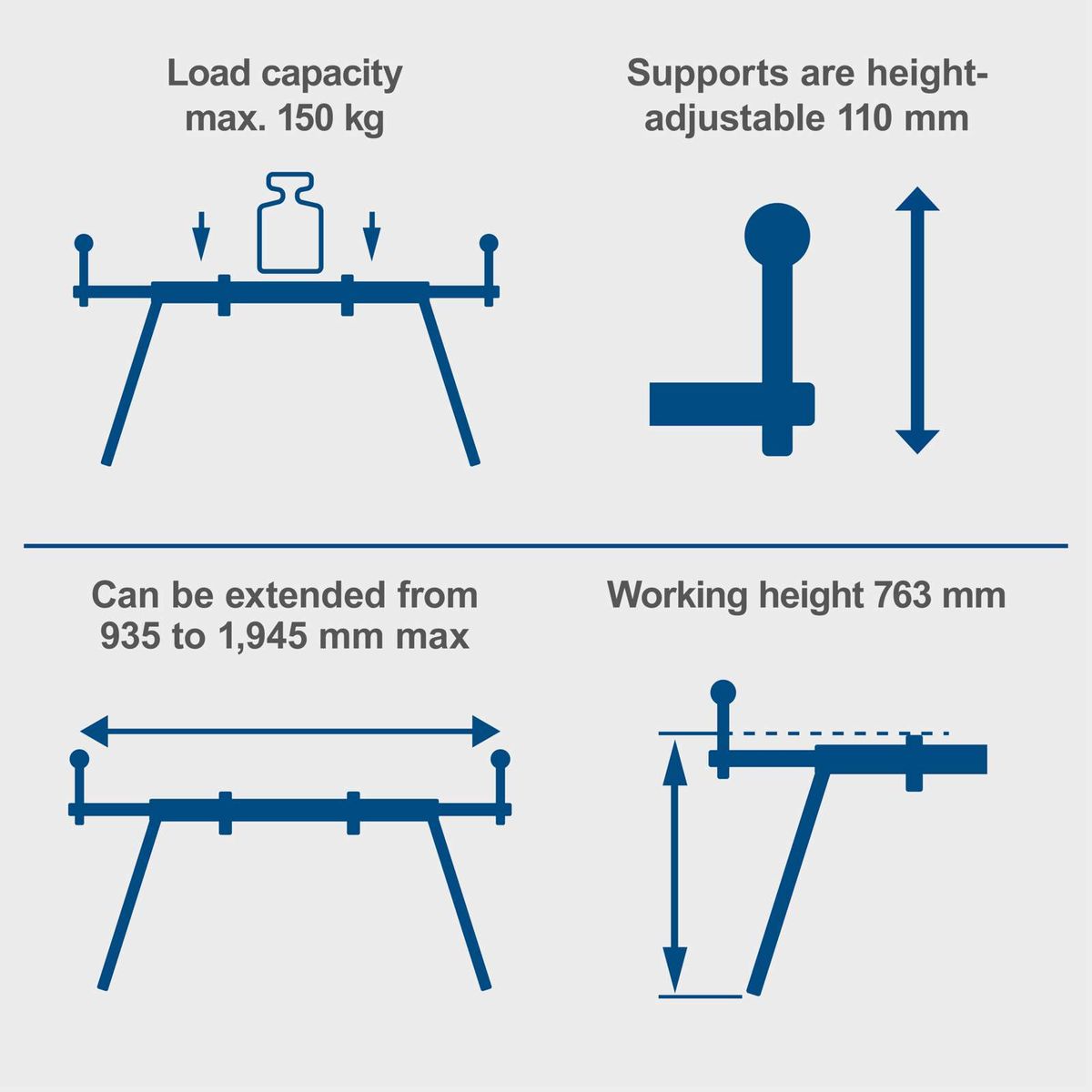 Universal mitre saw stand with 150 kg load capacity, height-adjustable supports (110 mm), working height 763 mm, extendable width 935–1945 mm