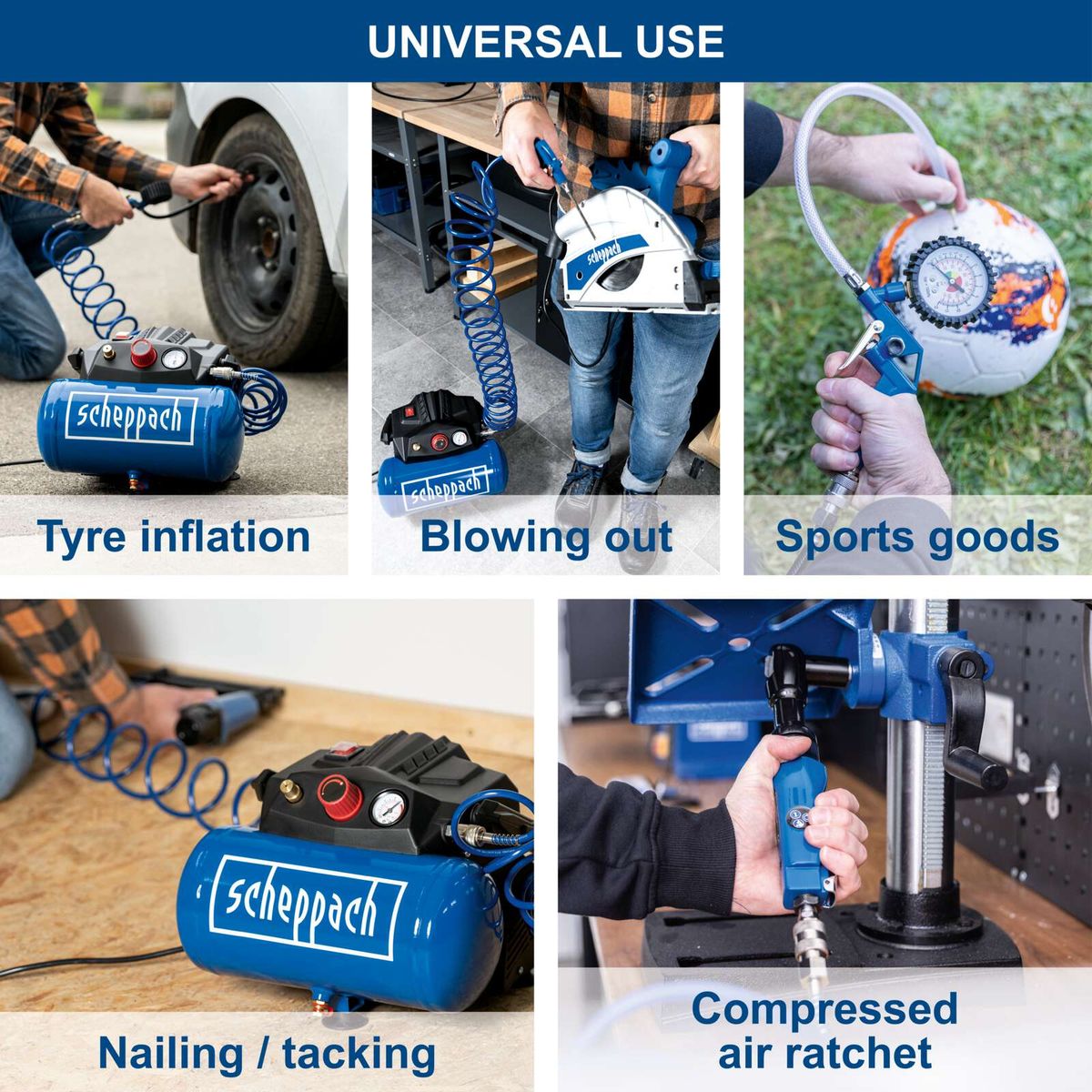 Scheppach air compressor with accessory kit for versatile uses including tyre inflation, blowing out, nailing/tacking, and air ratchet operation.