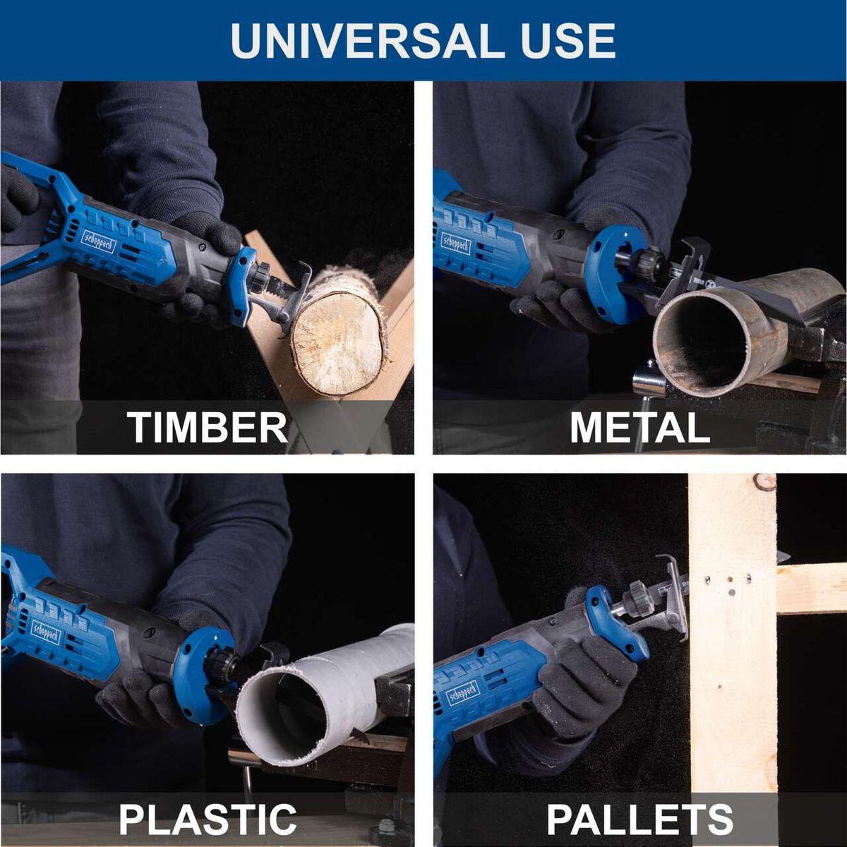 Scheppach cordless reciprocating saw demonstrating versatile use on timber, metal, plastic, and pallets