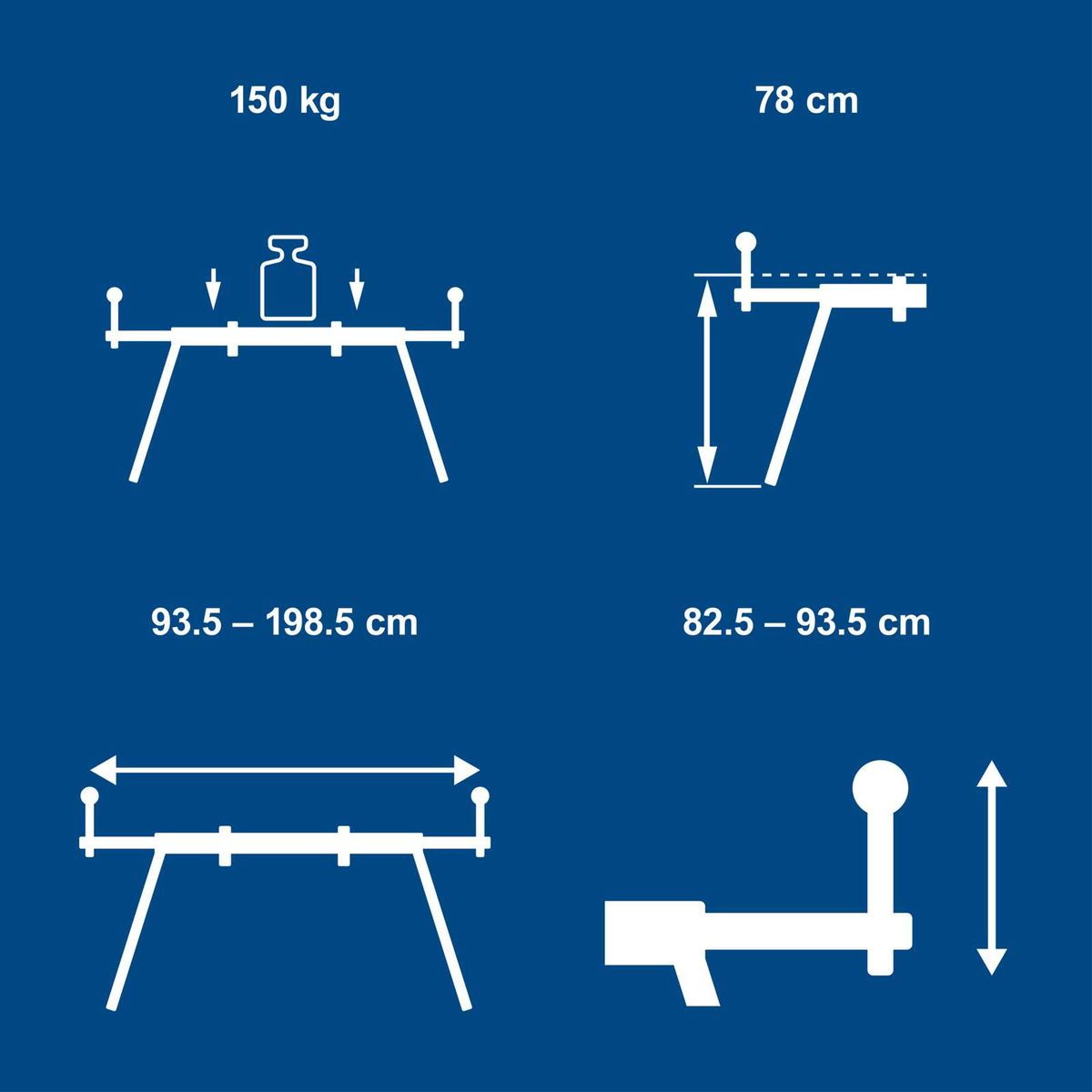 Diagram showing height and extension ranges for the mitre saw stand with load capacity and height adjustment details