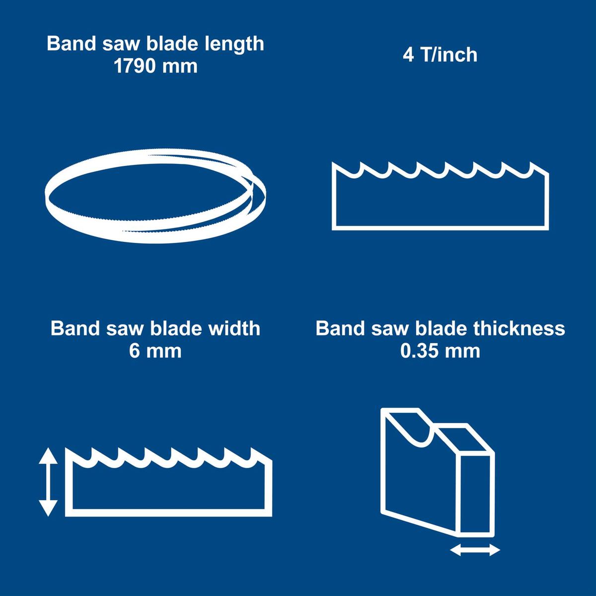 Band saw blade measuring 1790 mm in length, 6 mm wide, 0.35 mm thick with 4 teeth per inch