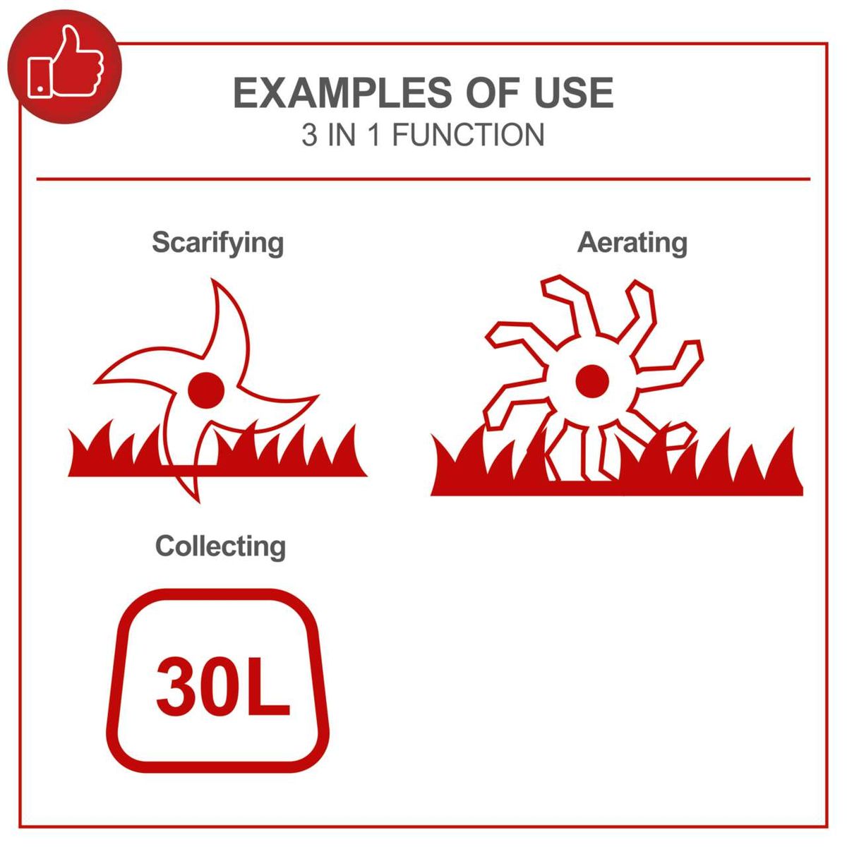 3-in-1 tool showing scarifying, aerating functions and 30L collection bin for electric scarifier