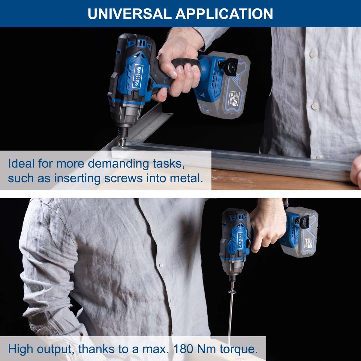 High-output cordless impact driver with maximum 180 Nm torque for precise tasks.