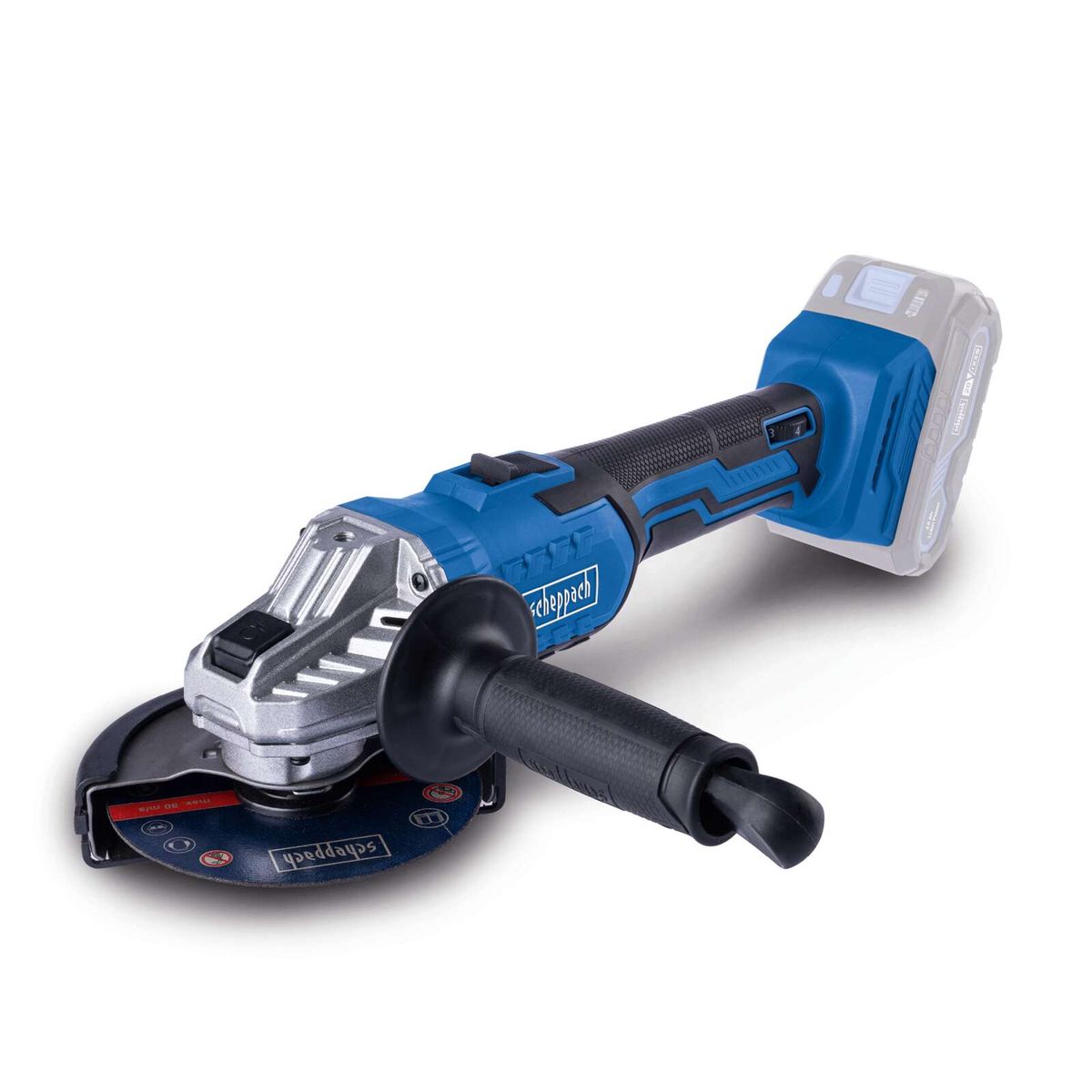 Cordless angle grinder C-AG125-X Scheppach with variable speed control from 2500-10000 min, including 2Ah battery and 2.4A charger. Grinding discs Ø125mm.