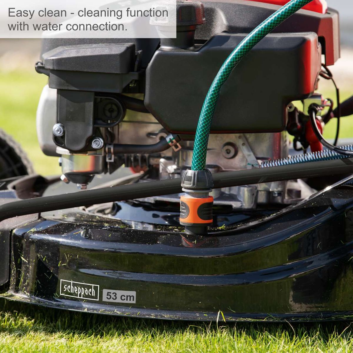 Scheppach lawnmower with built-in cleaning function for easy cleaning and water connection
