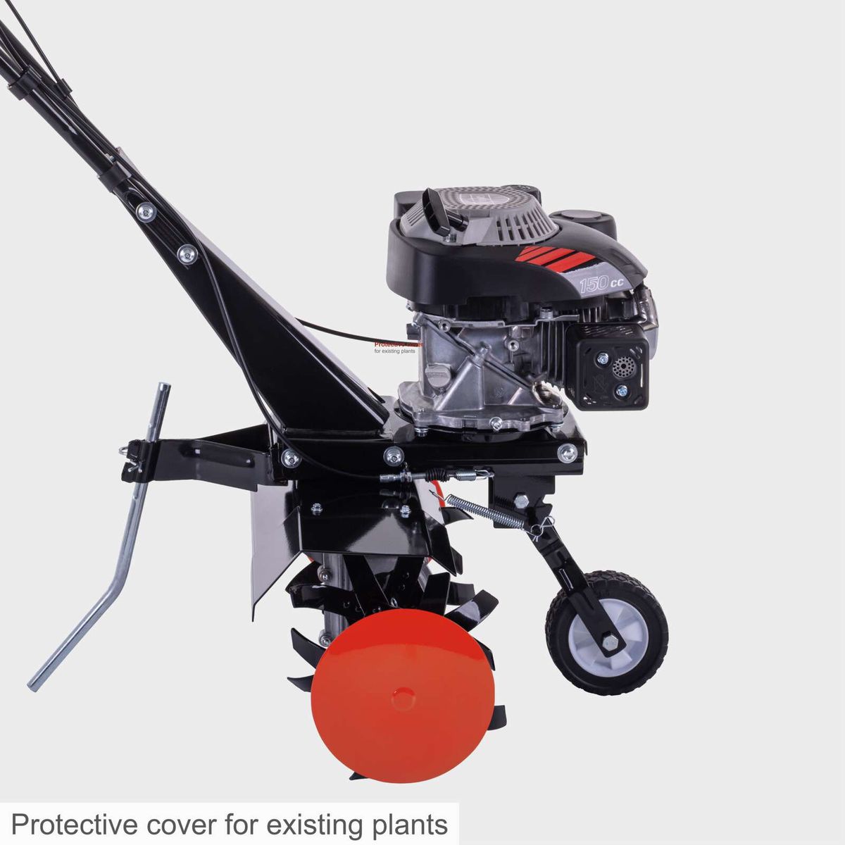150cc petrol-powered tiller with 3.5PS, 260mm cutting depth, 360/560mm width featuring protective cover for existing plants