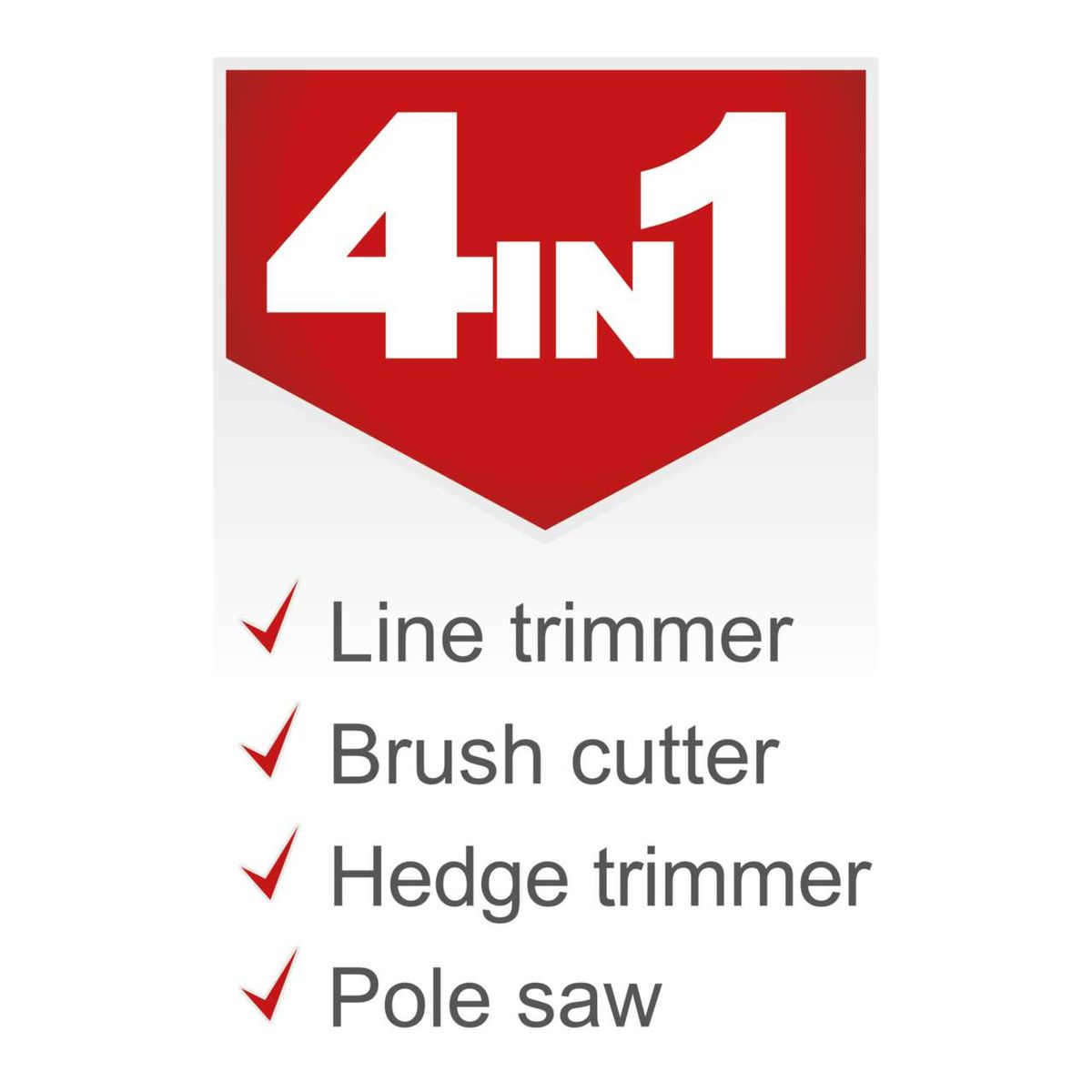 4-in-1 garden tool featuring line trimmer, brush cutter, hedge trimmer, and pole saw