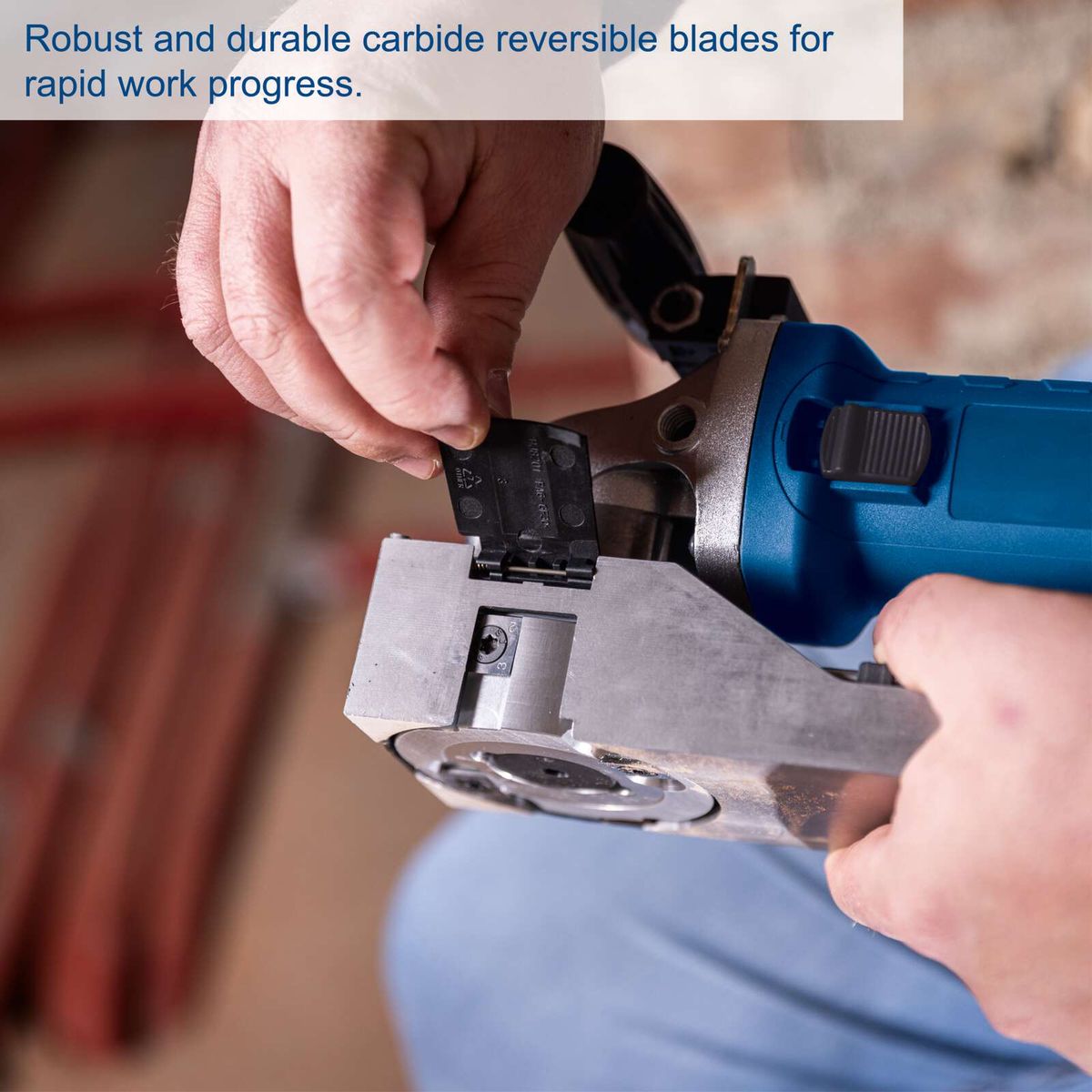 Reversible carbide blade for paint remover tool, shown in use on a workpiece