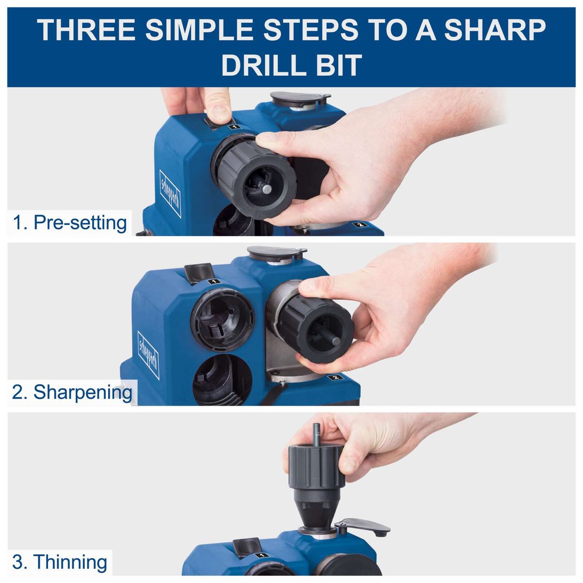 Three-step process for maintaining a drill’s sharpness: pre-setting, sharpening, and thinning on a Scheppach diamond grinding stone.