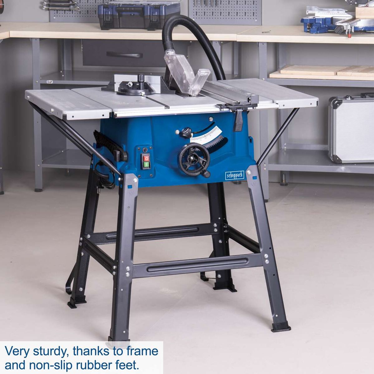 Sturdy table saw featuring a strong frame and non-slip rubber feet for accurate cuts