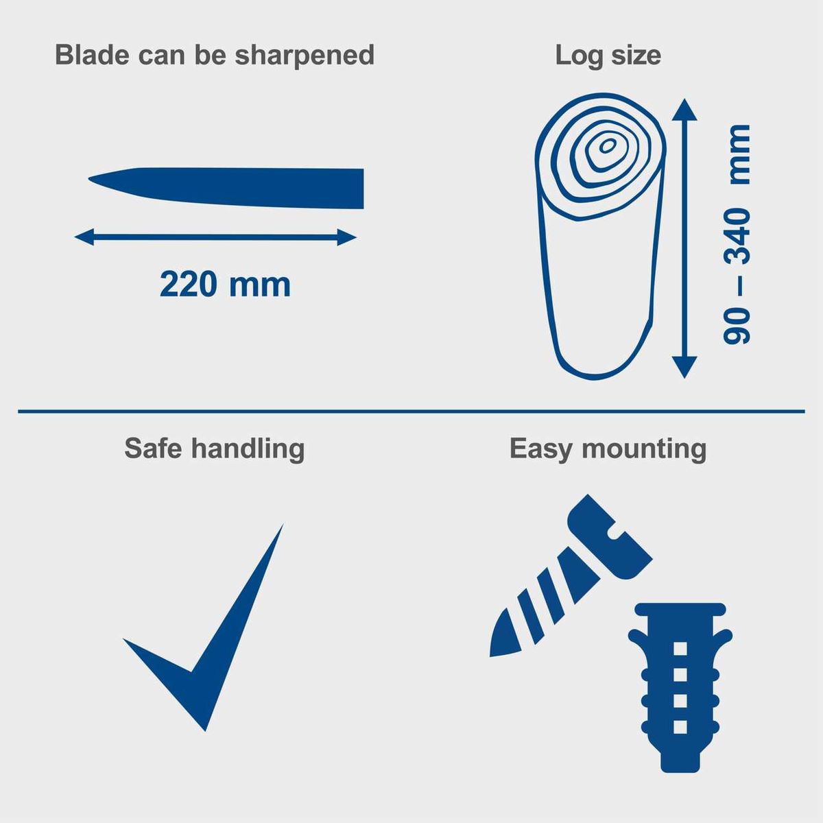 Handled kindling splitter with 220 mm blade length and log size dimensions (90–340 mm) – safe handling and easy mounting illustrated