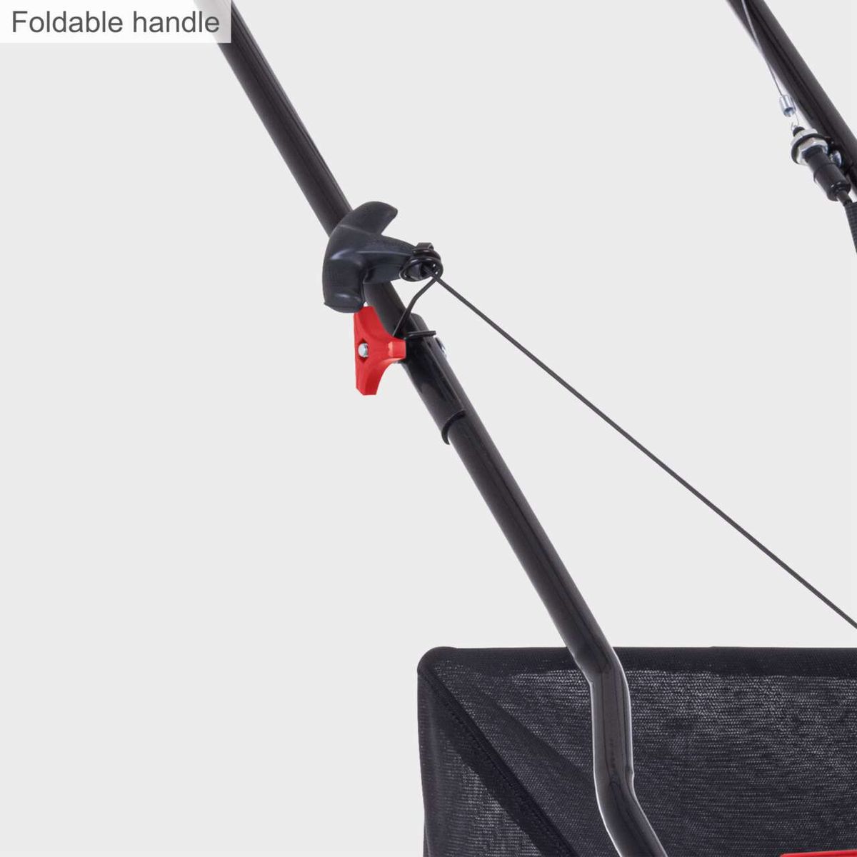 Foldable handle assembly with safety mechanism for Scheppach petrol scarifier