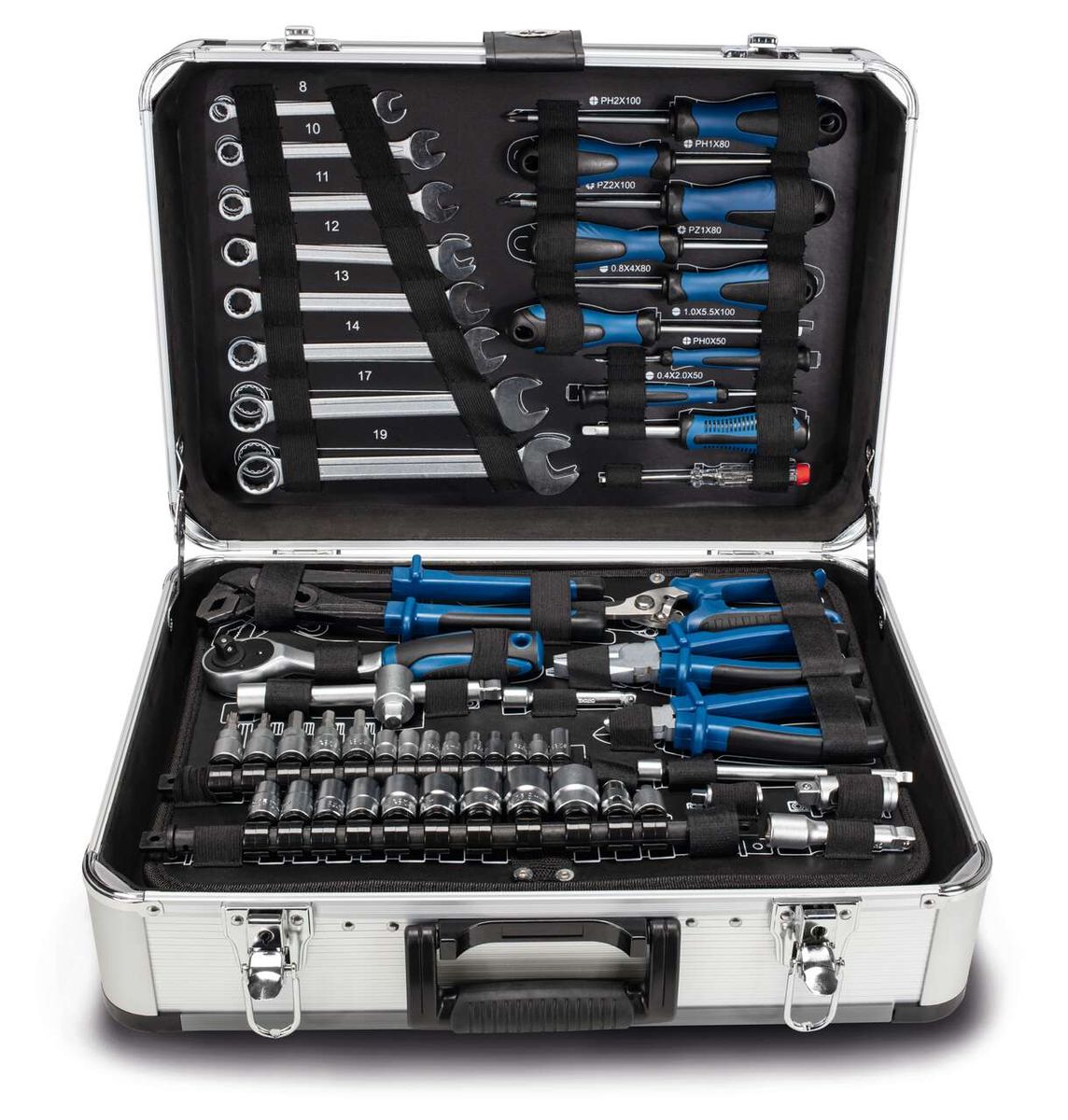 Scheppach TB150 DIY tool kit with integrated set: screwdrivers, pliers, socket wrenches, and various tools