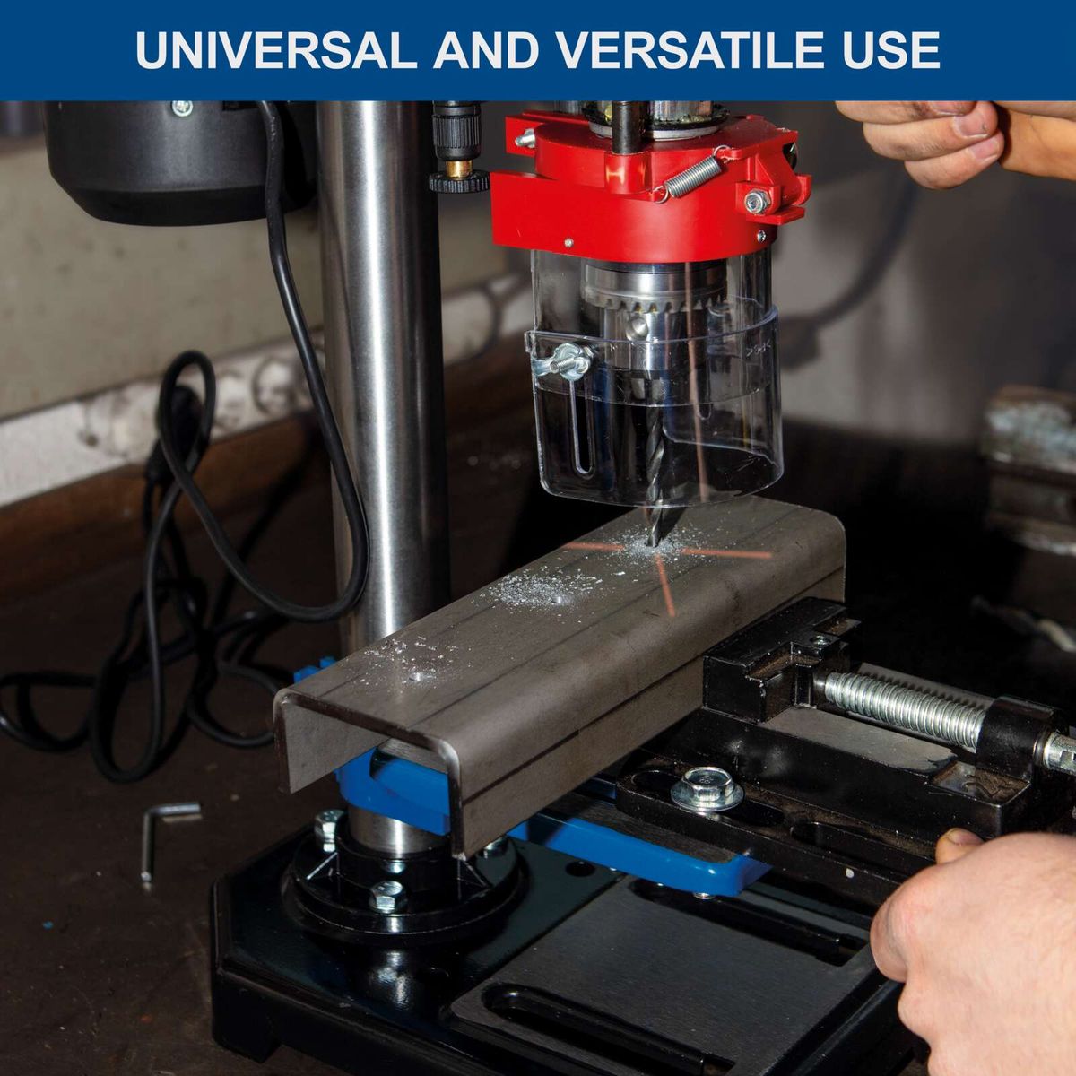 Bench pillar drill with integrated laser guide and clamp for accurate drilling