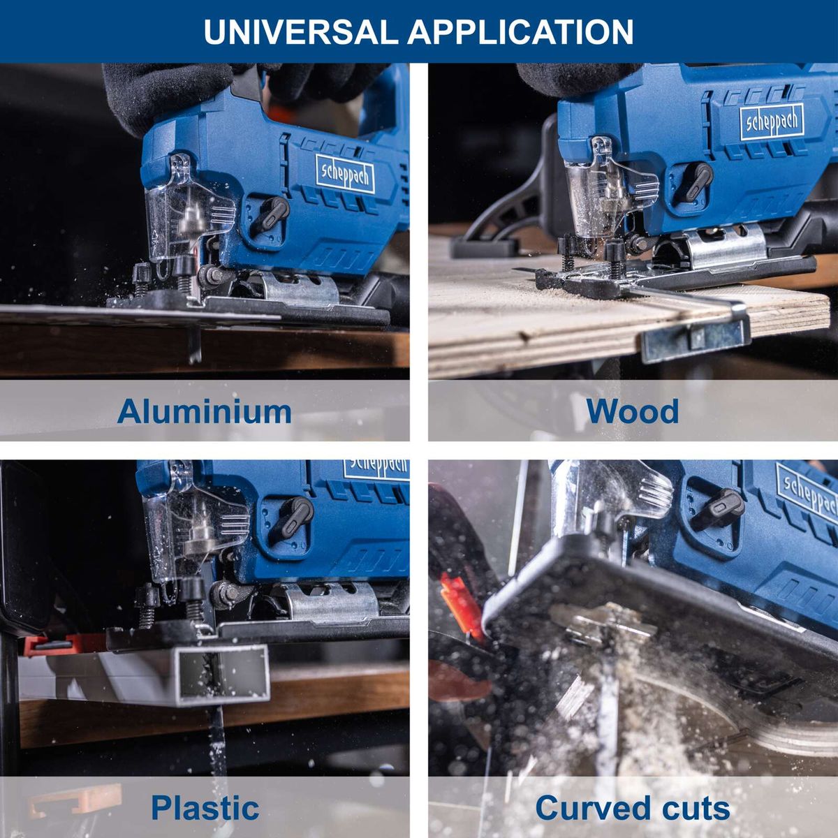 Cordless jigsaw demonstrating versatile cutting capabilities in wood, metal, plastic, and curved cuts