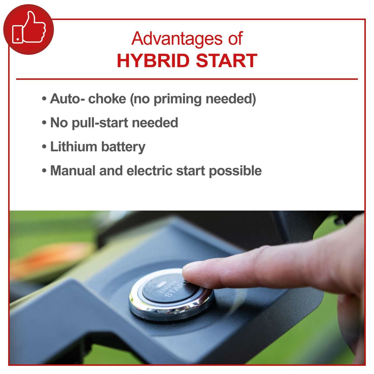 Scheppach petrol mower’s hybrid start feature: no pull cord, lithium battery, electric start option