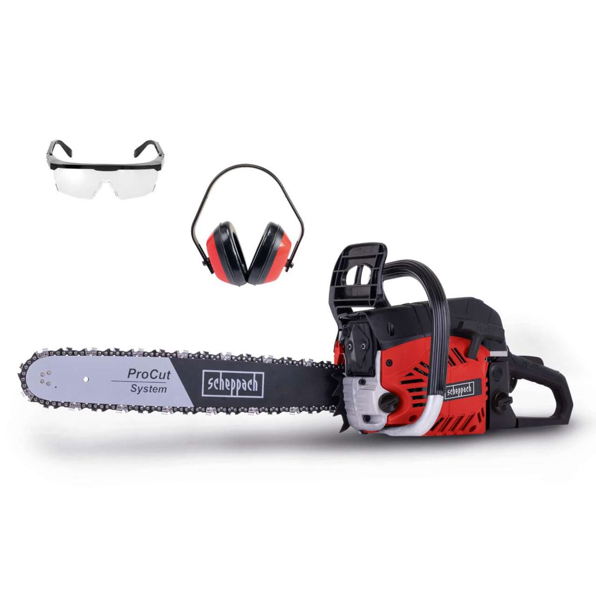 Scheppach petrol chainsaw featuring ProCut system with 51 cm blade length, including ear protection and safety goggles