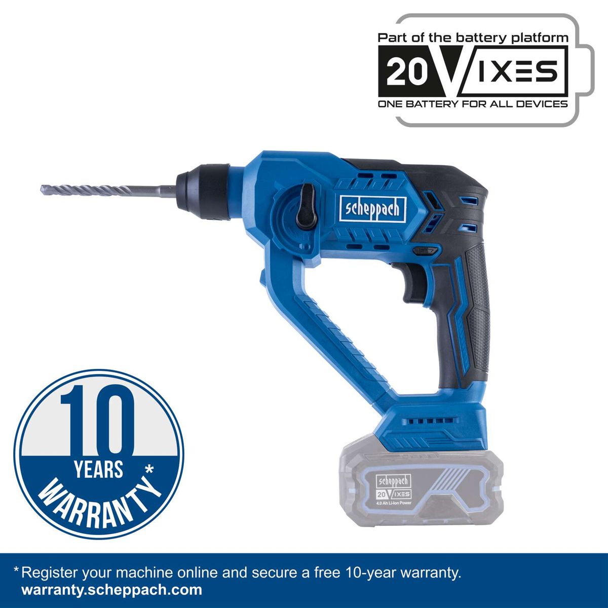 Scheppach tool with 10-year warranty, 20Vixes battery system, 4.6 Ah battery