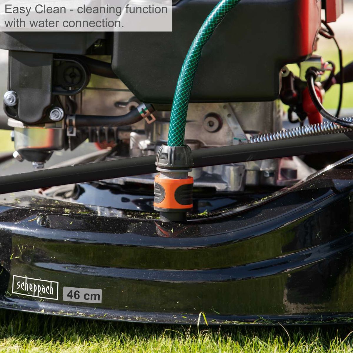 Scheppach water connection for easy cleaning on a lawnmower with mulching function
