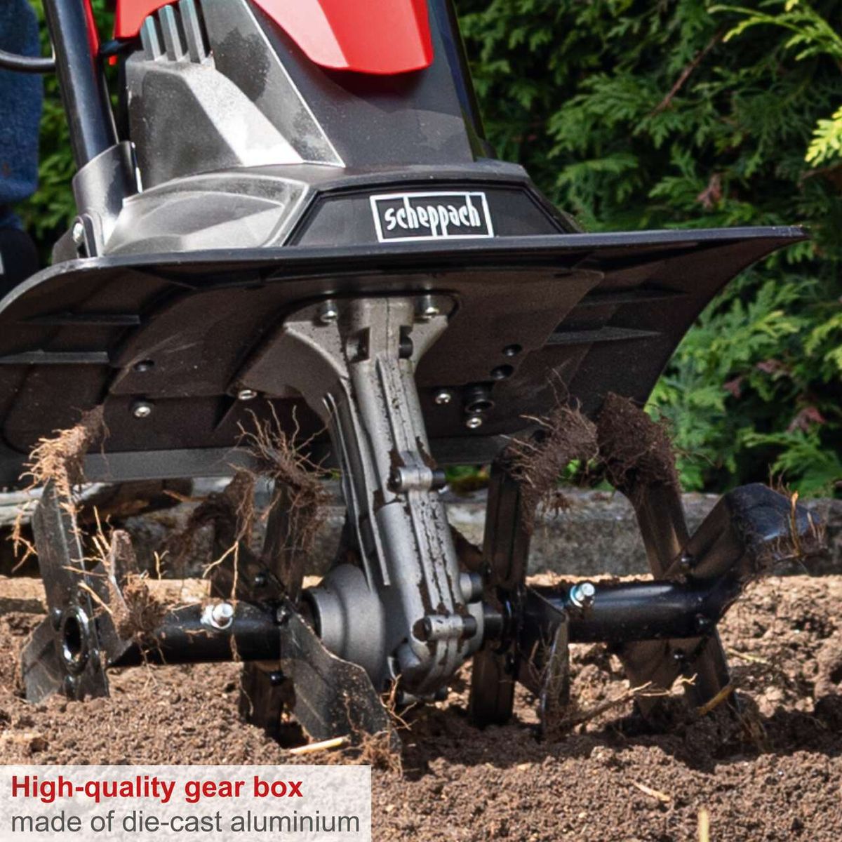 Electric motor hoe featuring a high-quality die-cast aluminium gearbox