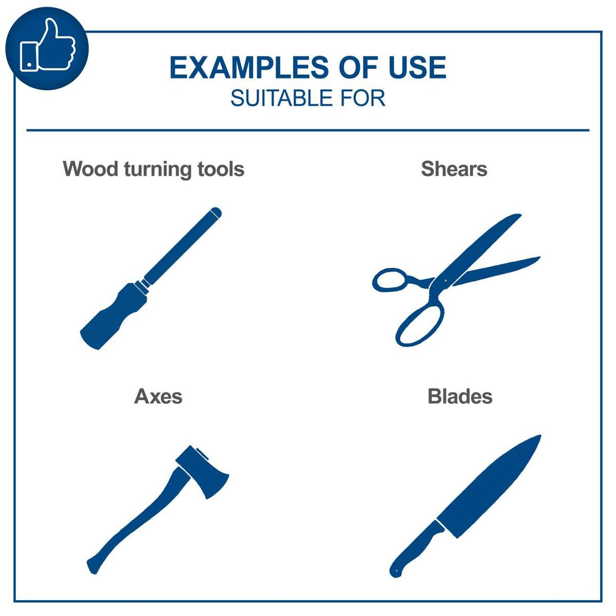 Examples of tools and their typical uses: Grinding wheels, axes, shears, blades