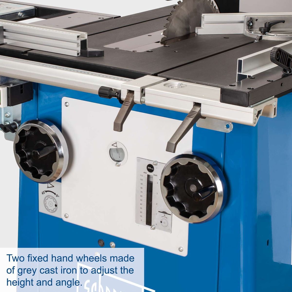 Table saw with fixed cast iron handwheels for height and angle adjustment