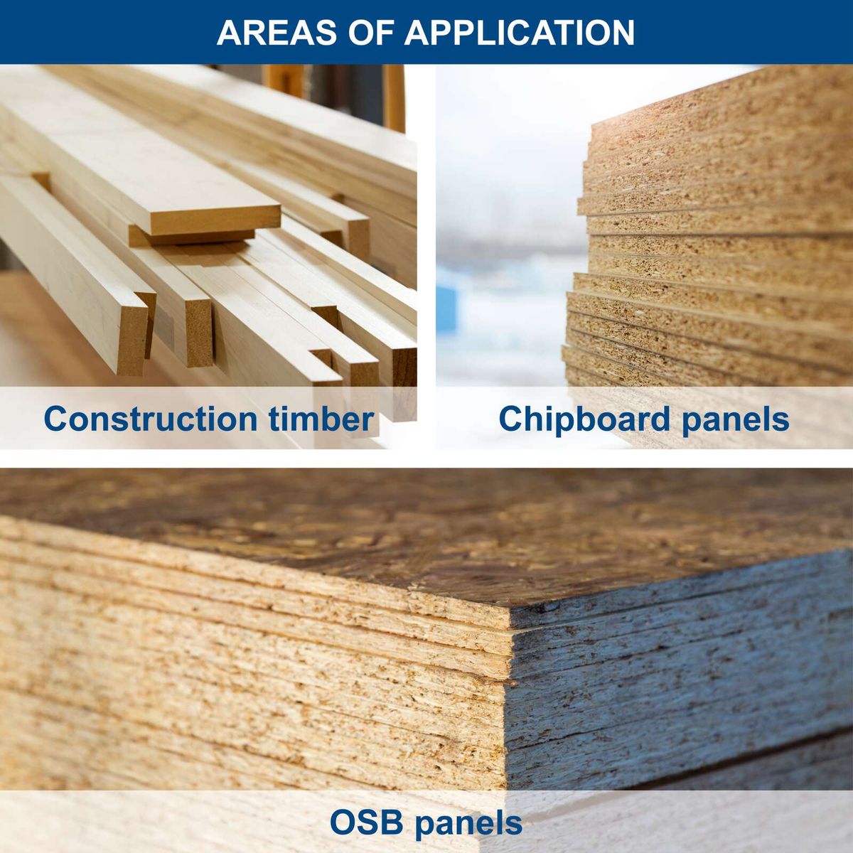Image displays construction timber, chipboard panels, and OSB panels used in woodworking and construction projects.