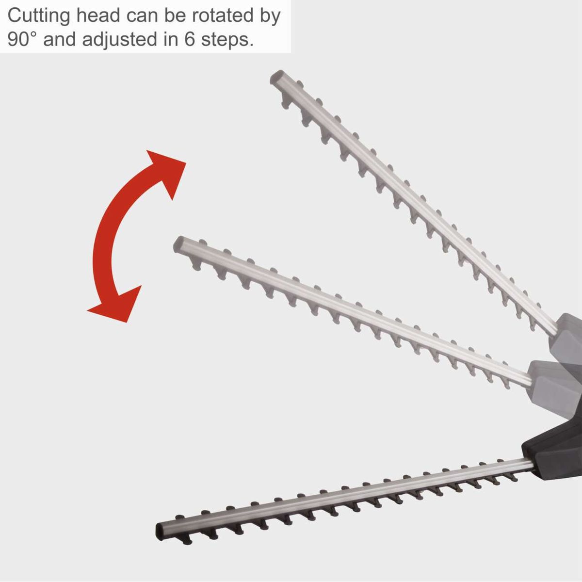 Telescopic hedge trimmer with adjustable cutting head rotatable by 90° in 6 steps