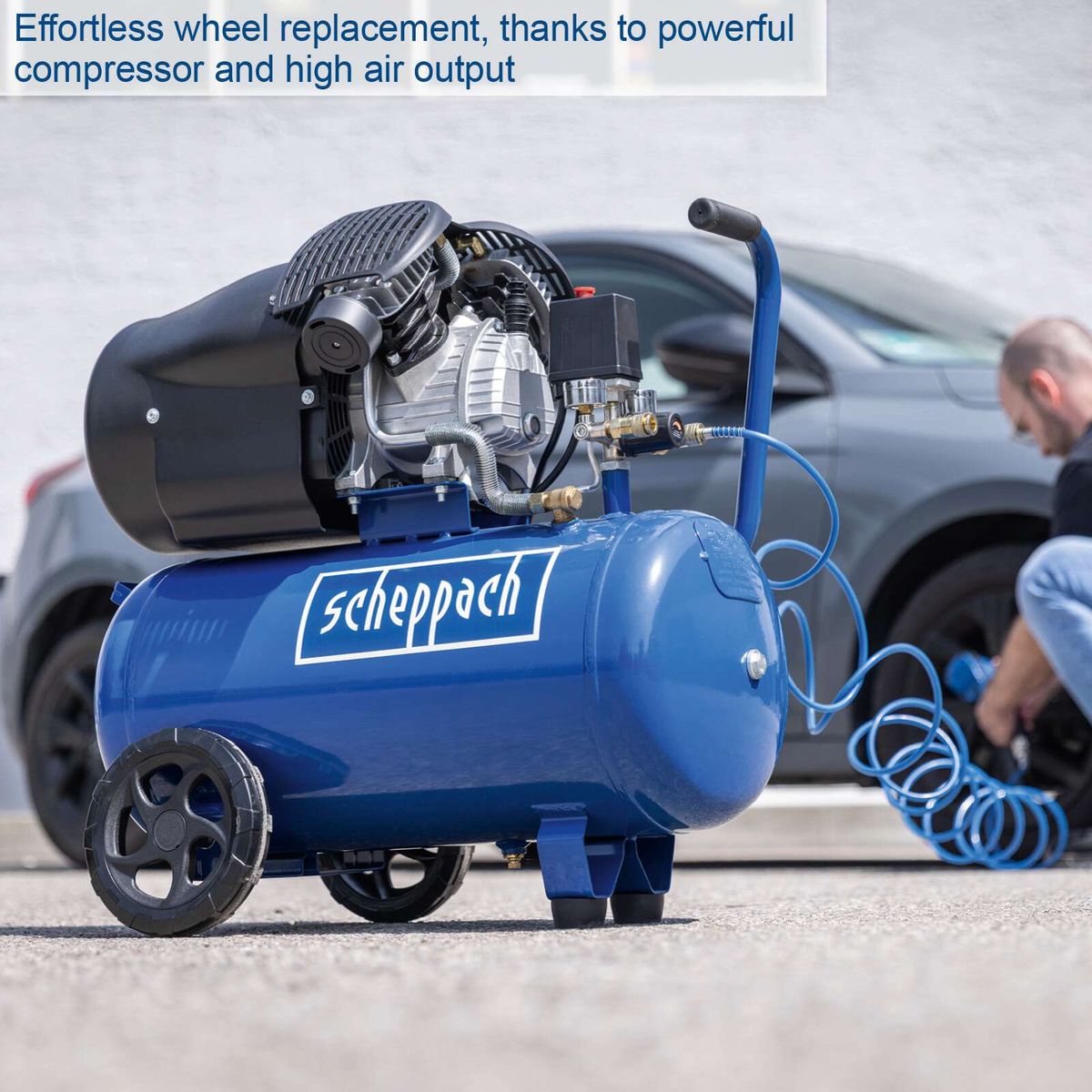 Scheppach air compressor featuring powerful air output for efficient tool refilling, with control elements and sturdy design