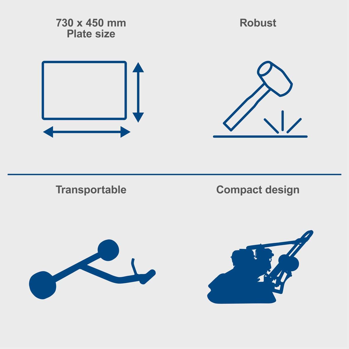 Key features: robust construction, compact and transportable design, dimensions 730 x 450 mm