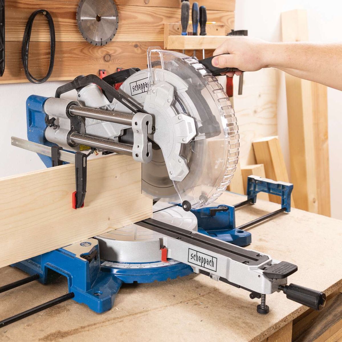 Scheppach sliding mitre saw HM305SL with laser guide and soft start, featuring soft draw mechanism for accurate cuts