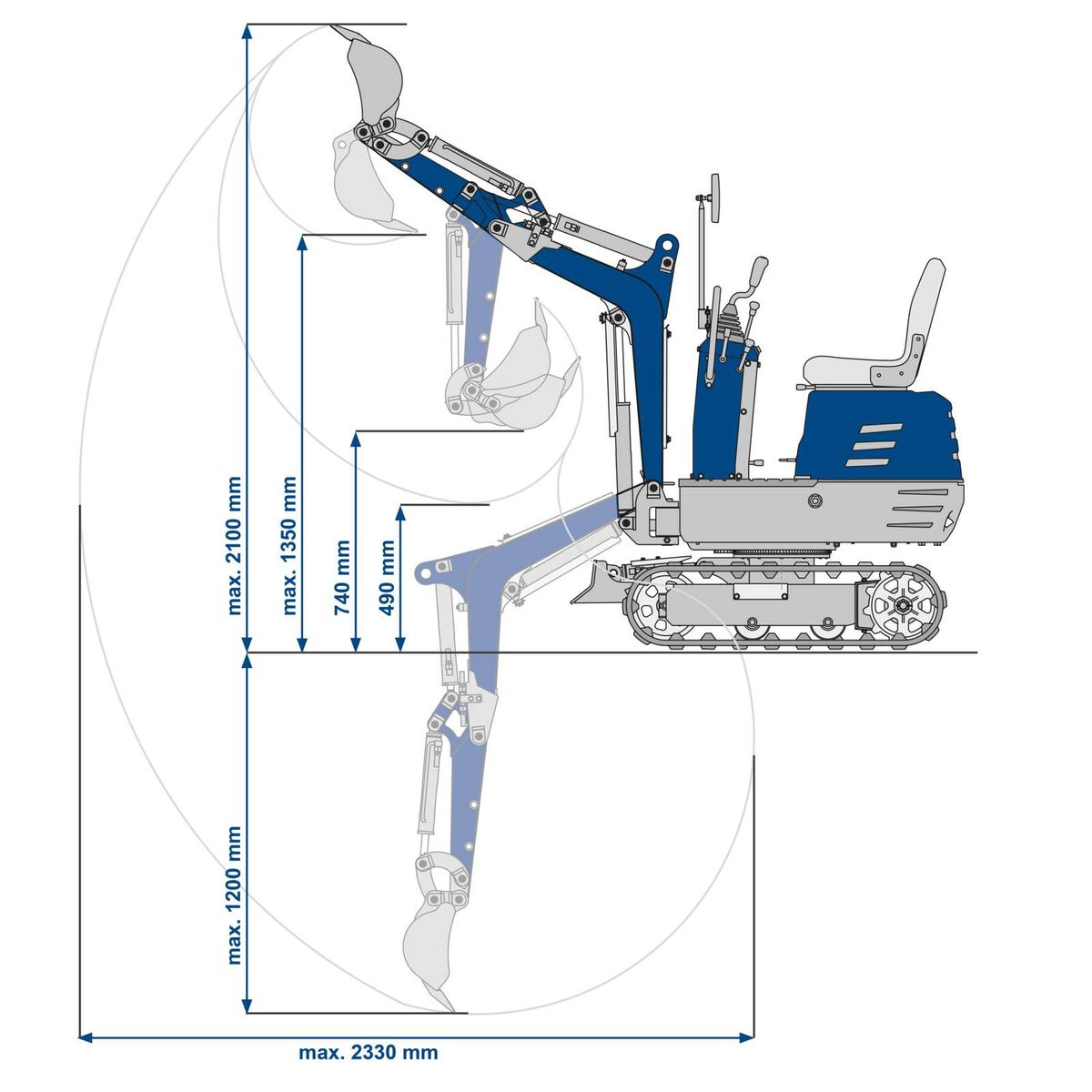 Key technical dimensions of the Scheppach mini excavator showing maximum arm reach and working radius