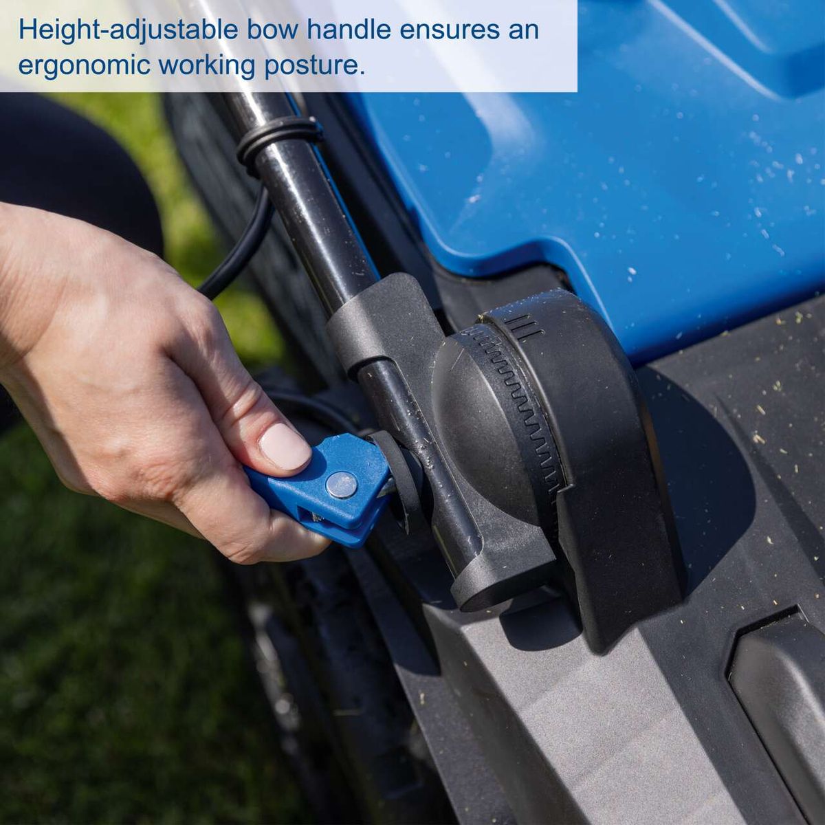 Adjustable-height bow handle for ergonomic operation of Scheppach lawnmower