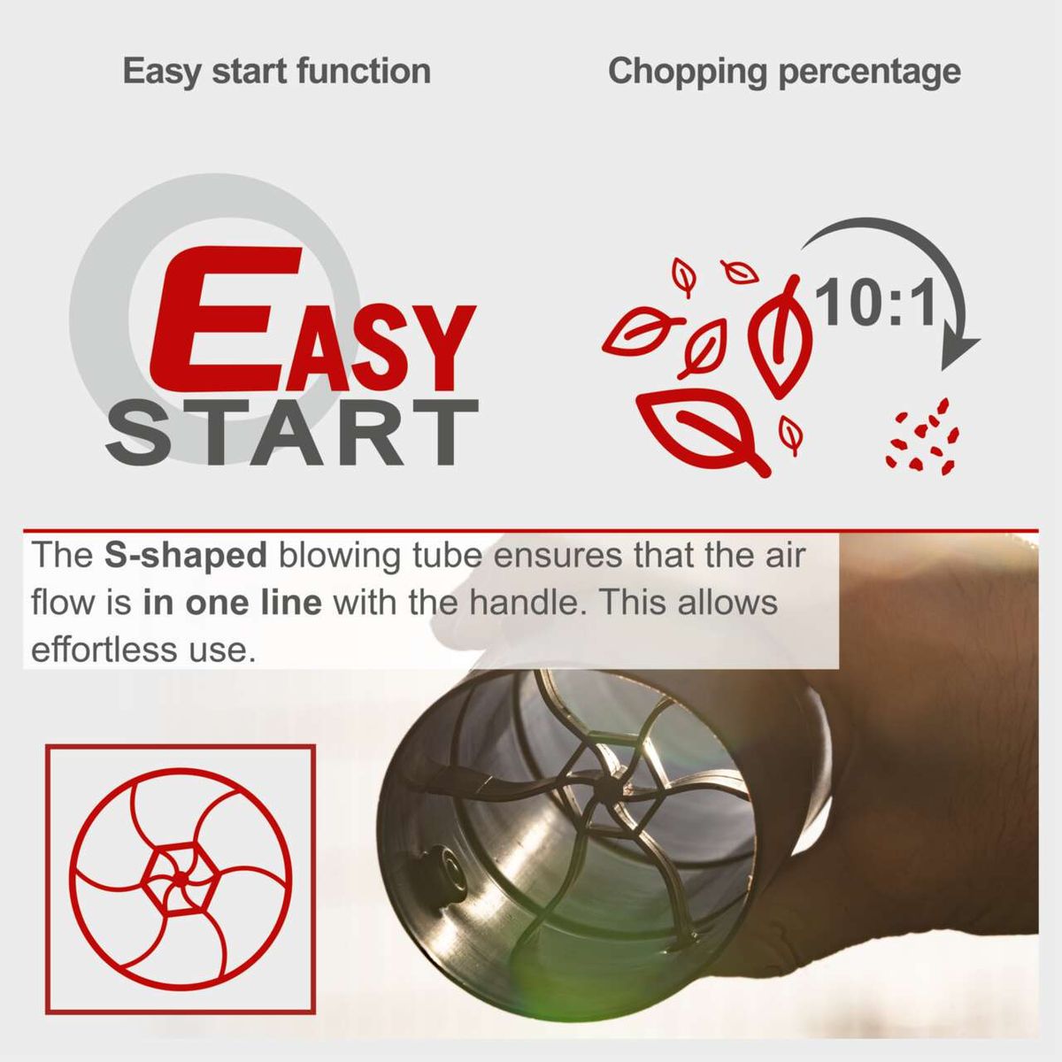 S-shaped airflow tube for smooth air alignment, easy start function