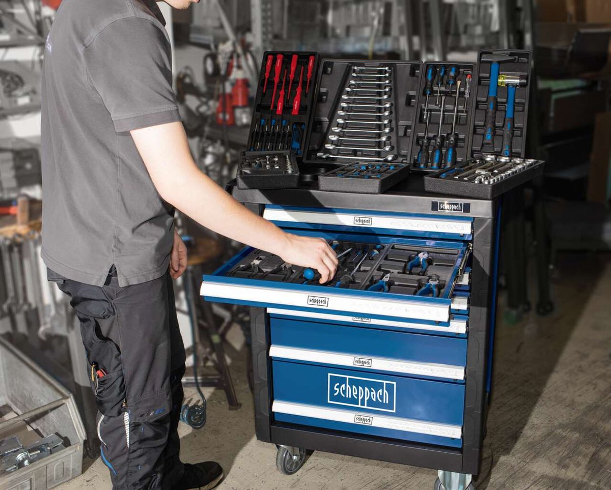 Scheppach workshop trolley with tool storage for TW1000 set, featuring drawers and upper compartments